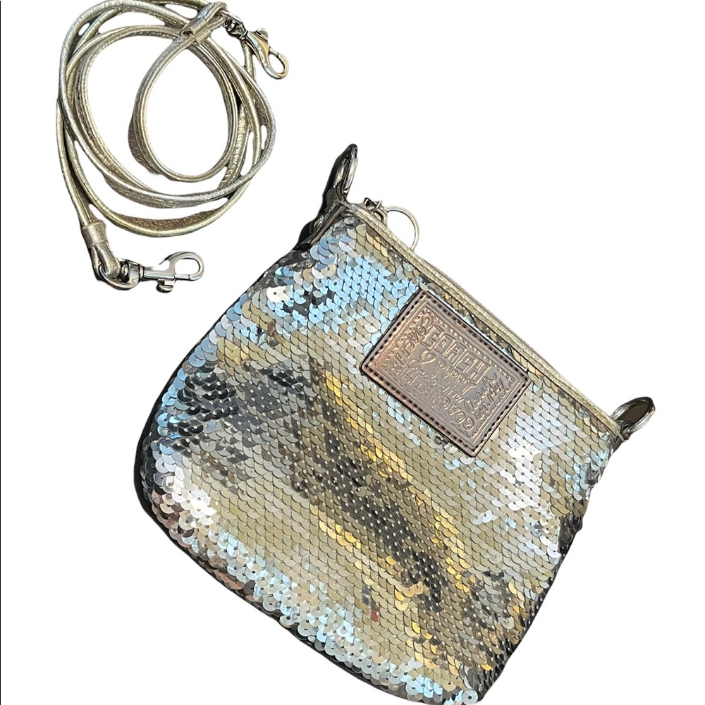 Coach silver Sequin Crossbody Poppy leather strap bag
